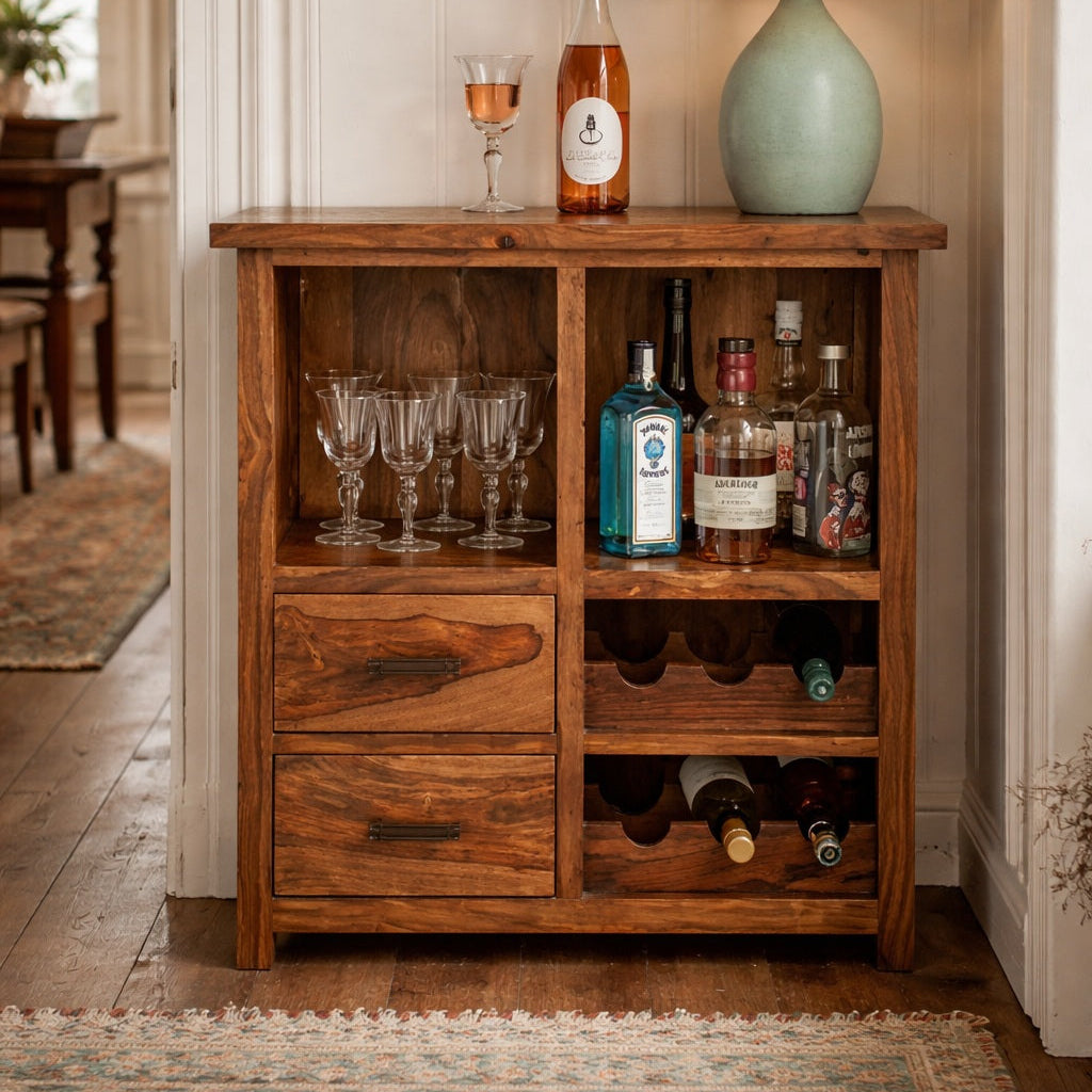 Wooden bar cabinet with drinks and glasses in a home setting