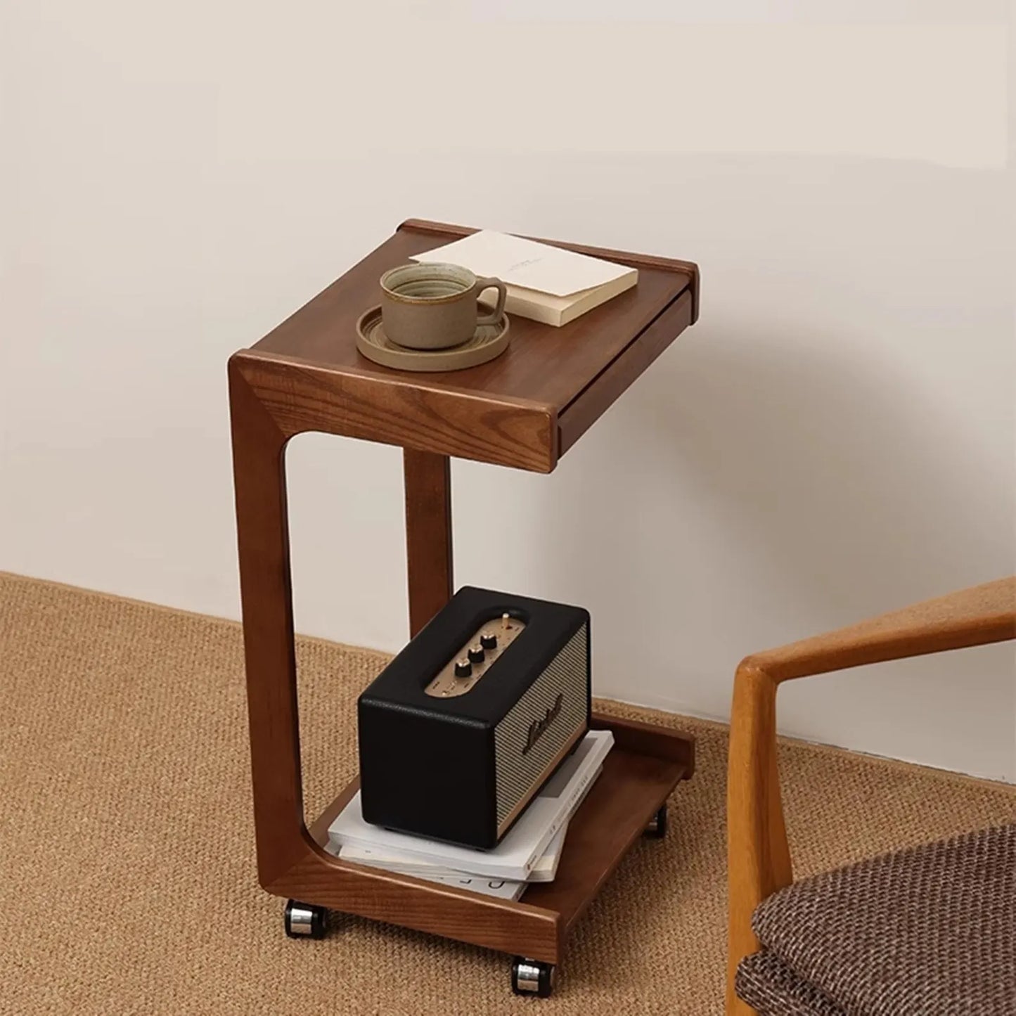 The Magna C Shape Side and End Table With Storage Drawer | Premium Acacia Wood