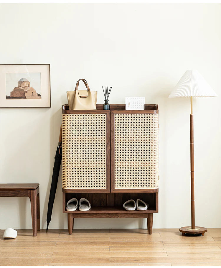 Rattan Weave Shoe Rack Open Down Shelf | Sheesham Wood