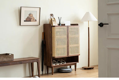 Rattan Weave Shoe Rack Open Down Shelf | Sheesham Wood