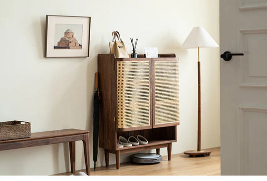 Rattan Weave Shoe Rack Open Down Shelf | Sheesham Wood