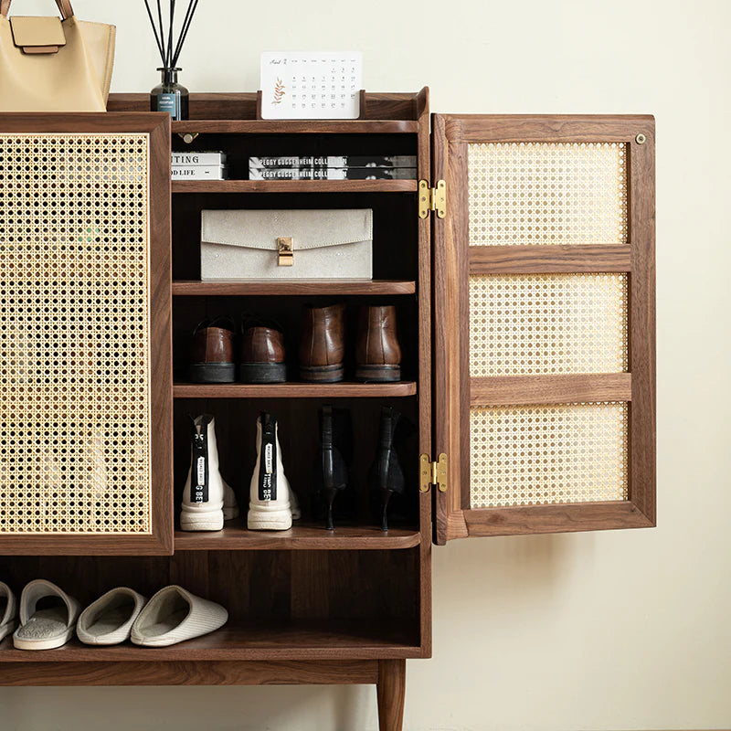 Rattan Weave Shoe Rack Open Down Shelf | Sheesham Wood