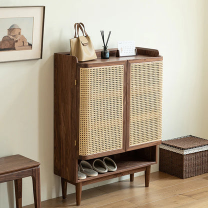 Rattan Weave Shoe Rack Open Down Shelf | Sheesham Wood