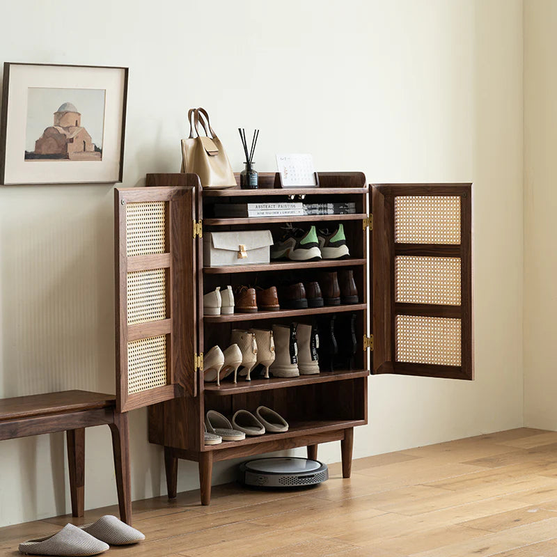 Rattan Weave Shoe Rack Open Down Shelf | Sheesham Wood