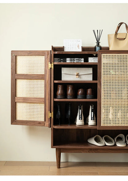 Rattan Weave Shoe Rack Open Down Shelf | Sheesham Wood