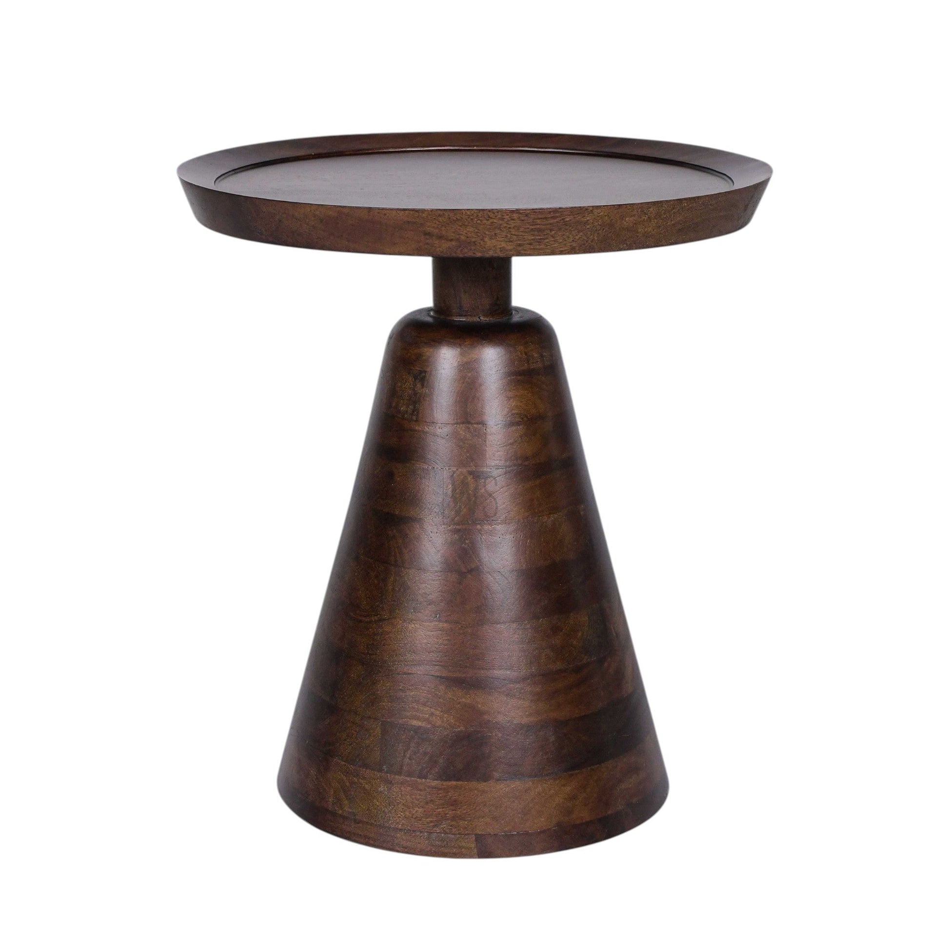 Wooden side table with a conical base on a white background