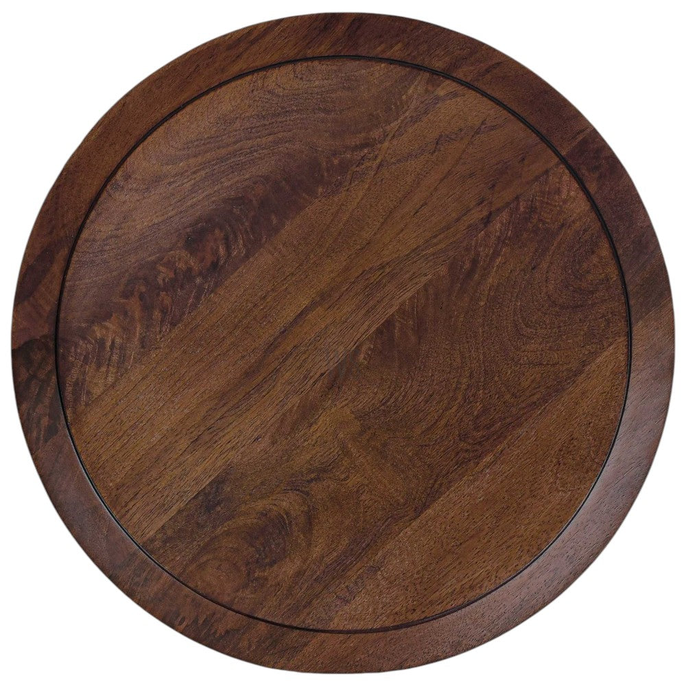 Round wooden side table made of solid wood and premium finish on a white background