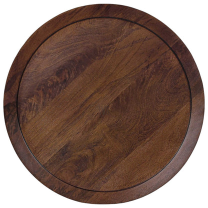 Round wooden side table made of solid wood and premium finish on a white background