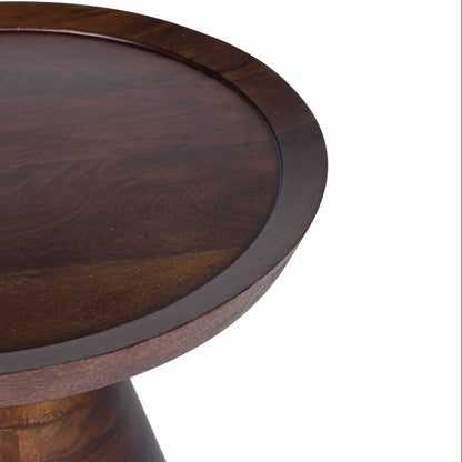 Round wooden table with a dark finish on a white background