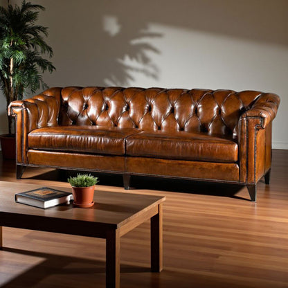 The Cantabrigian Chesterfield Three Seater Sofa | Caramel Brown