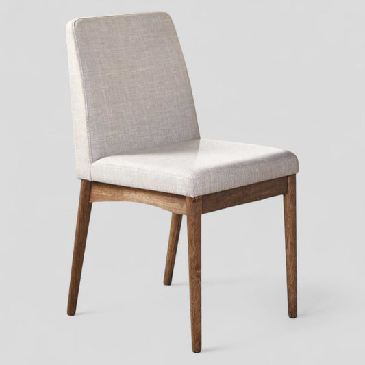Chair with gray cushioned backrest and white cushioned seat on a light gray background