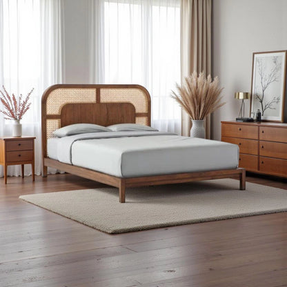 The Cantilever Rattan Cage Upholstered Bed | Sheesham Wood