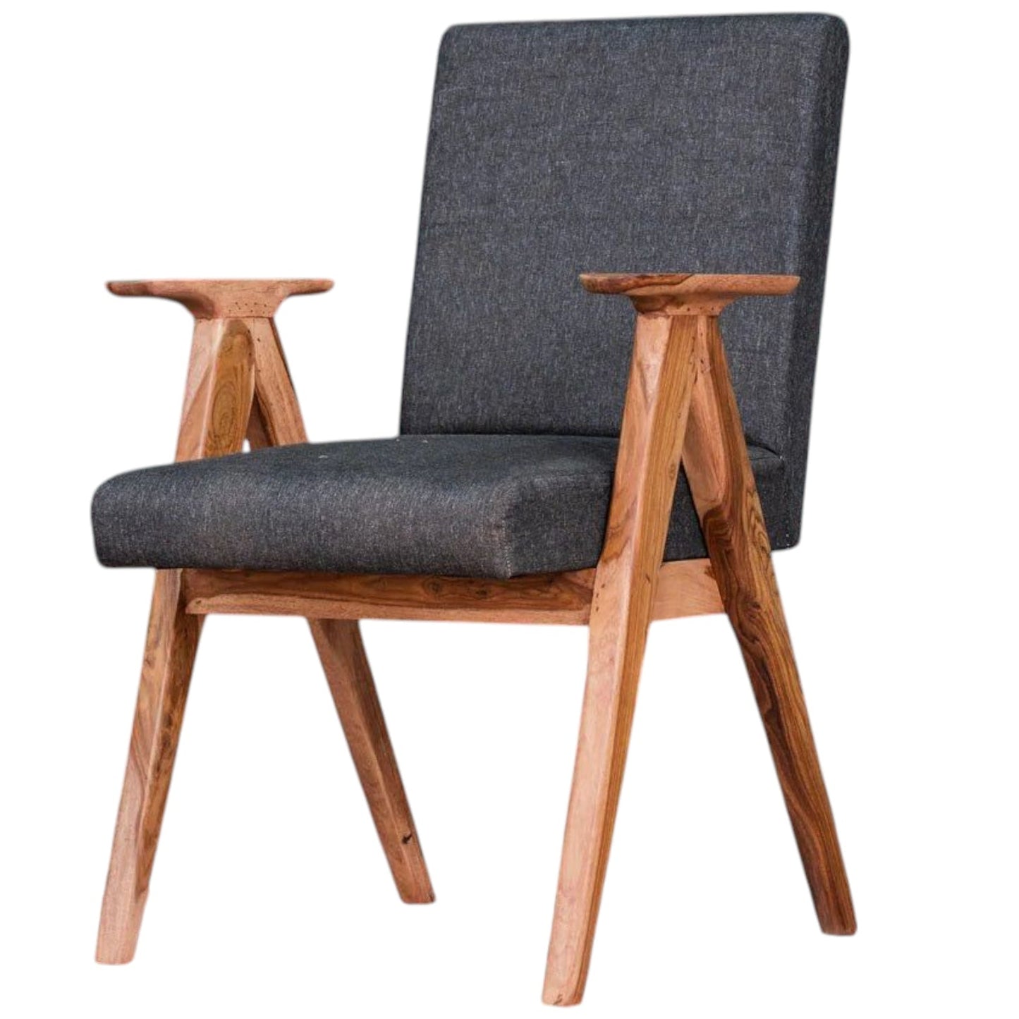 Chair with gray cushion and wooden frame on a white background