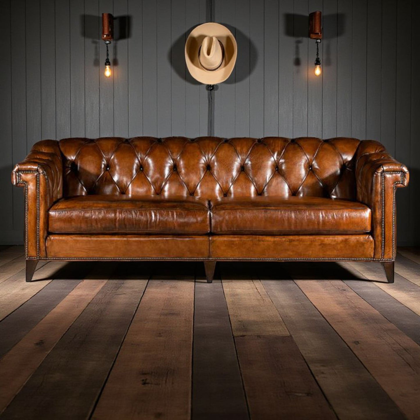 The Cantabrigian Chesterfield Three Seater Sofa | Caramel Brown