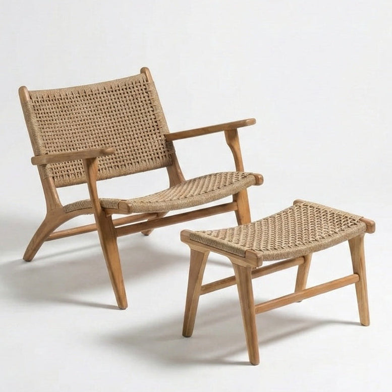 Cedarlume Outdoor Arm Chair With Stool | Premium Teak Wood & Rattan