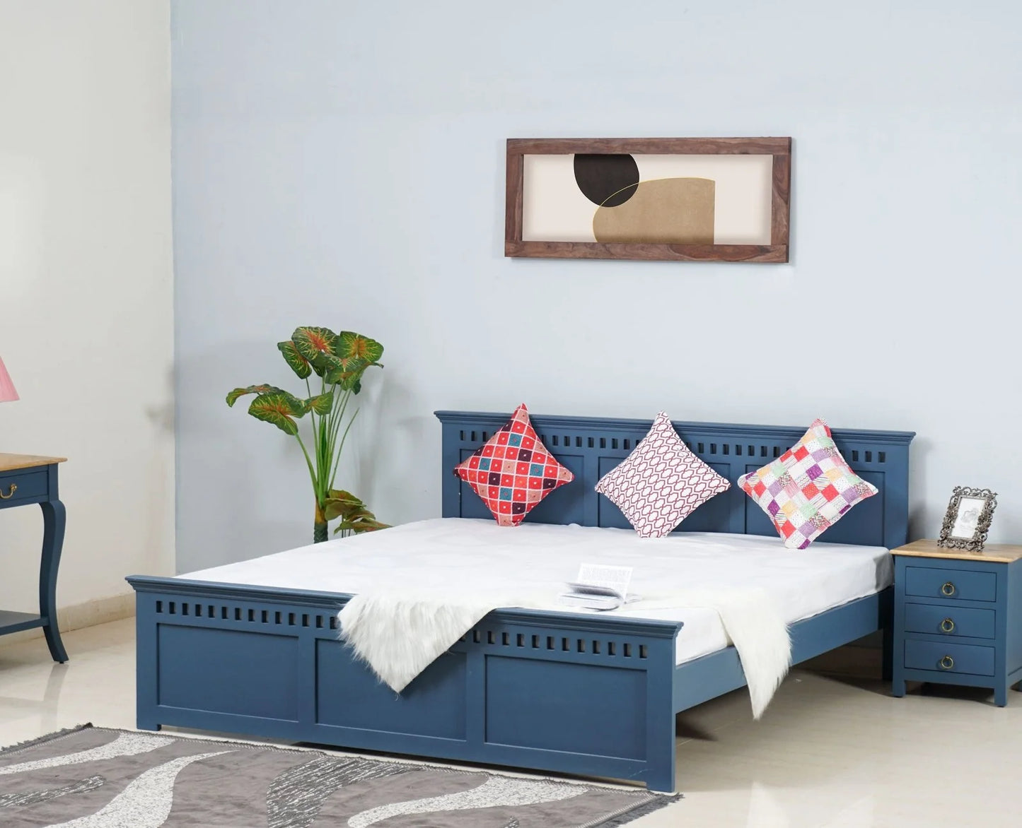 Blossom Blue Platform Bed | Mango Wood