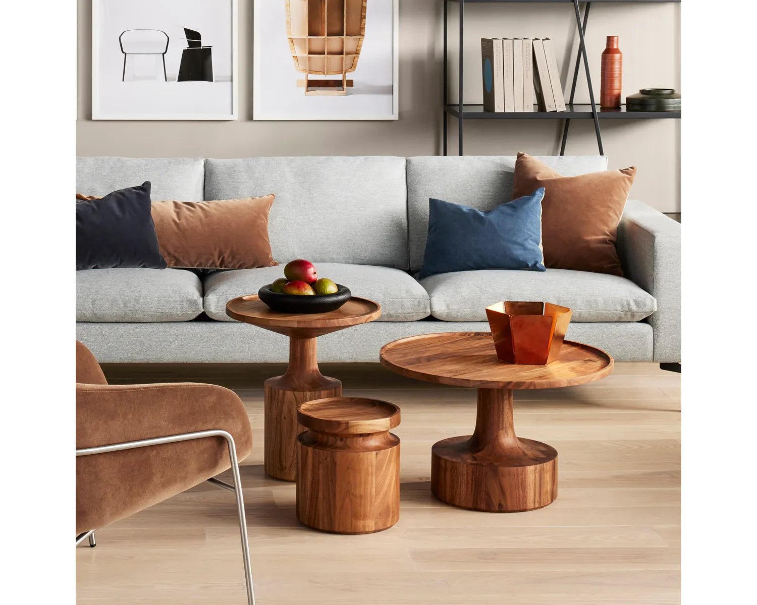 Living room with wooden coffee table, and decorative items.