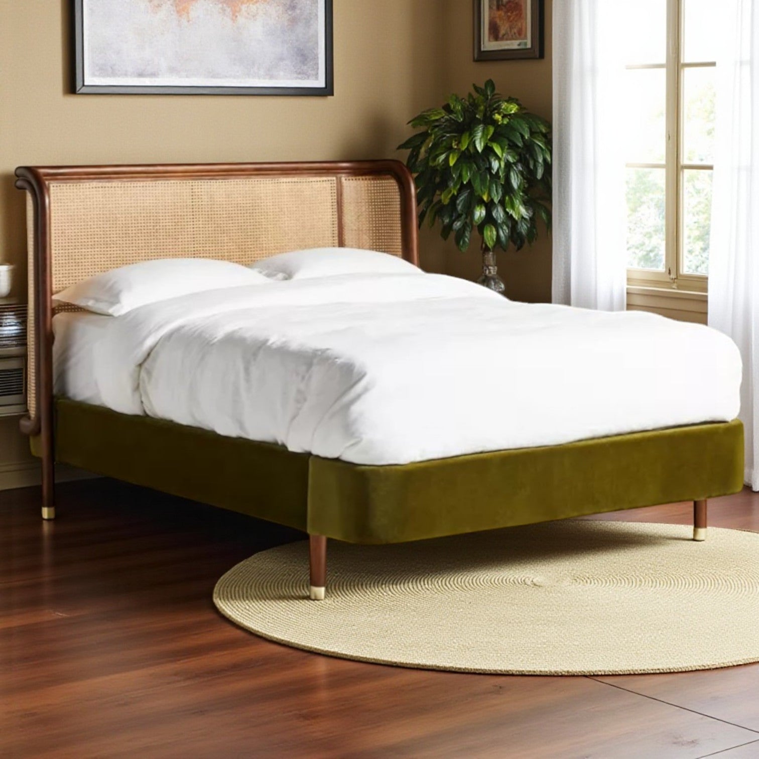 Bedroom with a bed featuring a wooden headboard and green base, white bedding, and a plant.