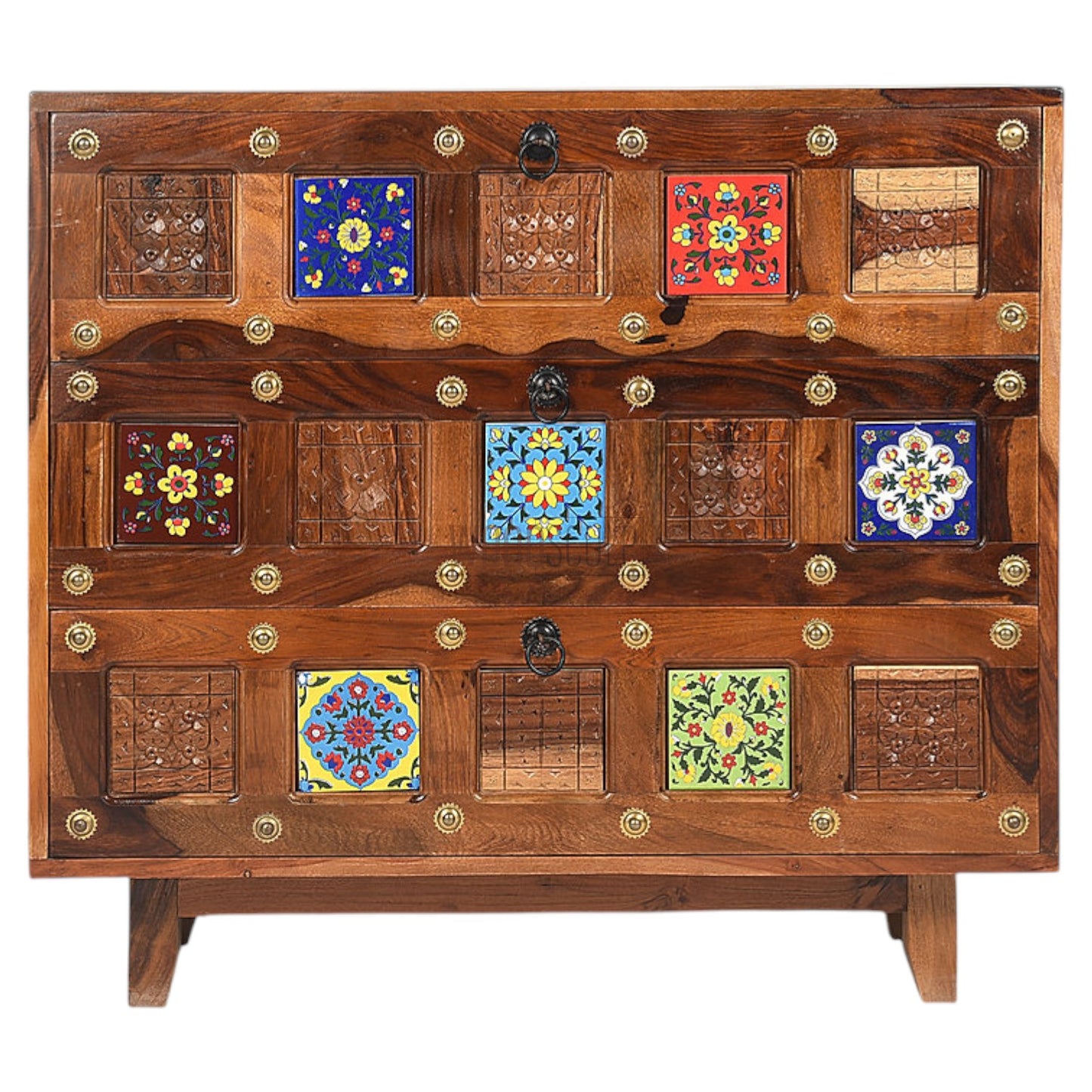 Rang Mahal Bed Side Nightstand | Hand painted Tiles | Sheesham Wood