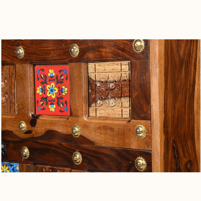 Rang Mahal Bed Side Nightstand | Hand painted Tiles | Sheesham Wood
