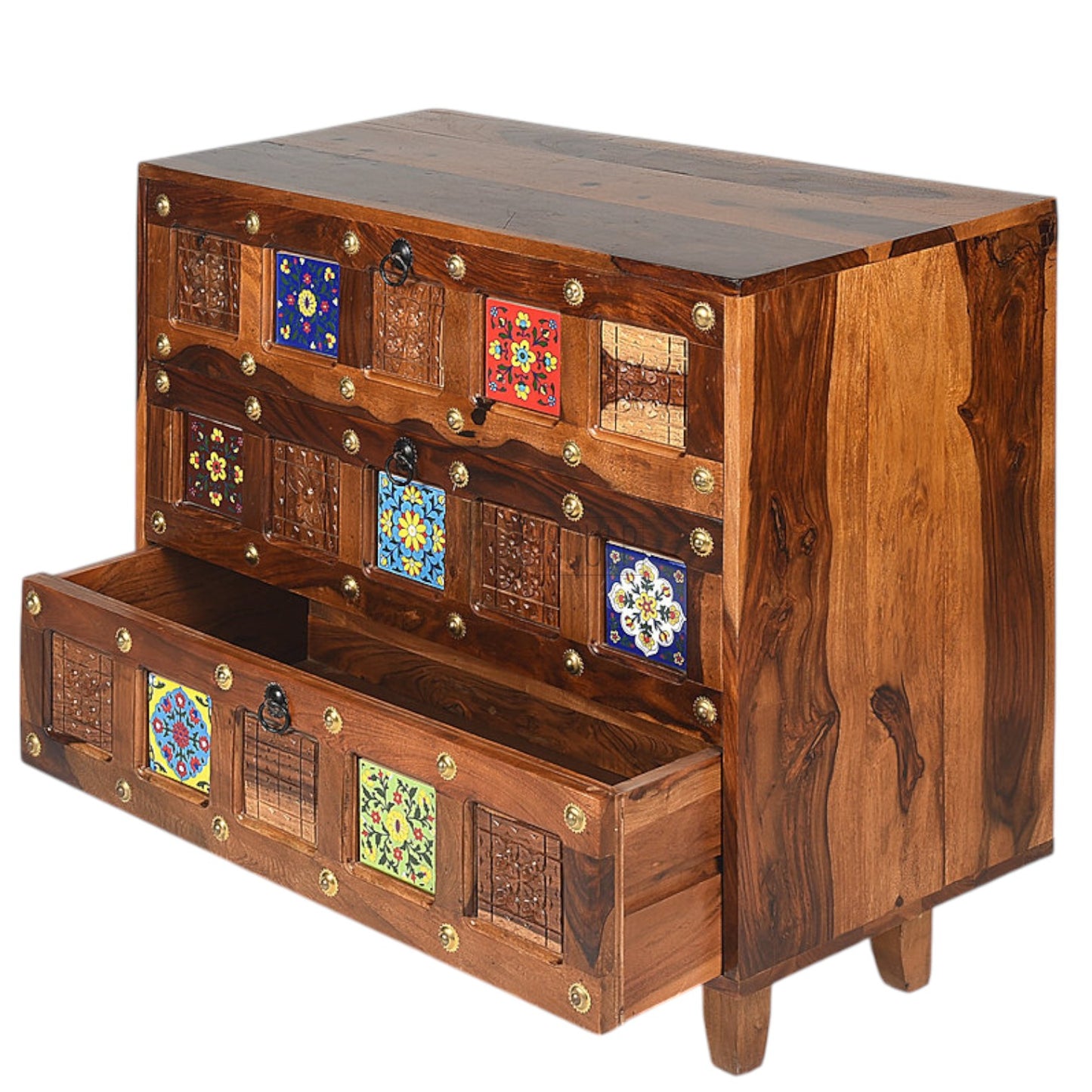 Rang Mahal Bed Side Nightstand | Hand painted Tiles | Sheesham Wood