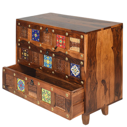 Rang Mahal Bed Side Nightstand | Hand painted Tiles | Sheesham Wood