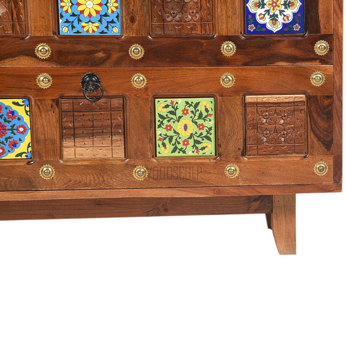 Rang Mahal Bed Side Nightstand | Hand painted Tiles | Sheesham Wood