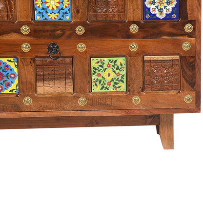 Rang Mahal Bed Side Nightstand | Hand painted Tiles | Sheesham Wood