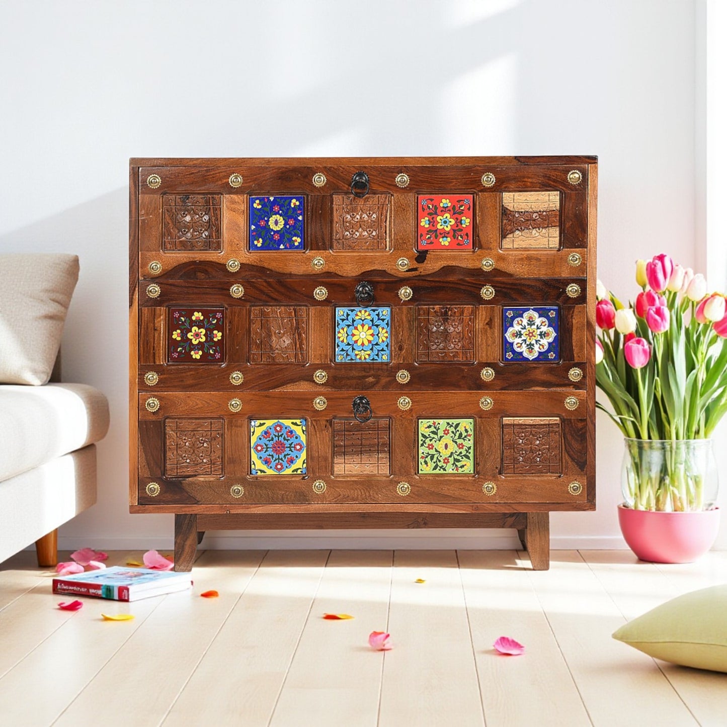 Rang Mahal Bed Side Nightstand | Hand painted Tiles | Sheesham Wood