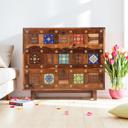 Rang Mahal Bed Side Nightstand | Hand painted Tiles | Sheesham Wood