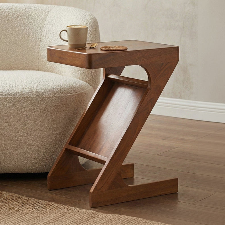 Z Shape Side & End Table With Book Storage Acacia Wood