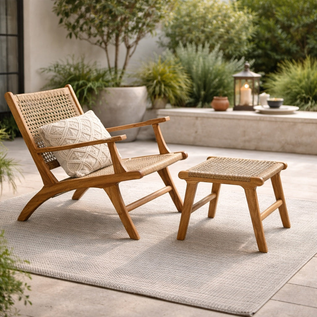 The Lumina Outdoor Rope Chair With Stool | Premium Acacia Wood
